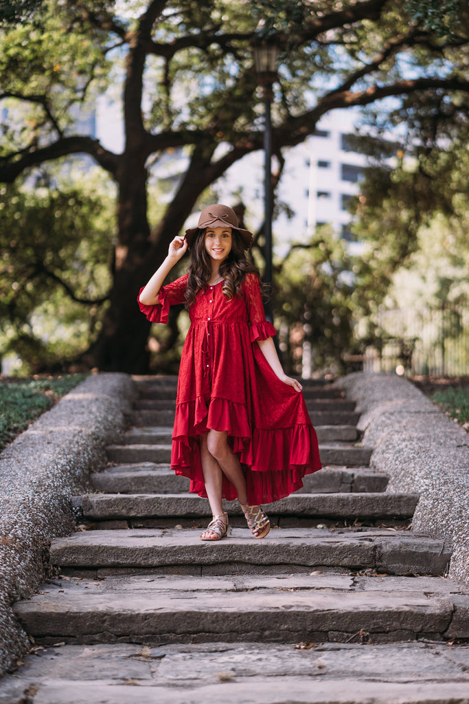 bohemian rustic fall red flower girl lace dress