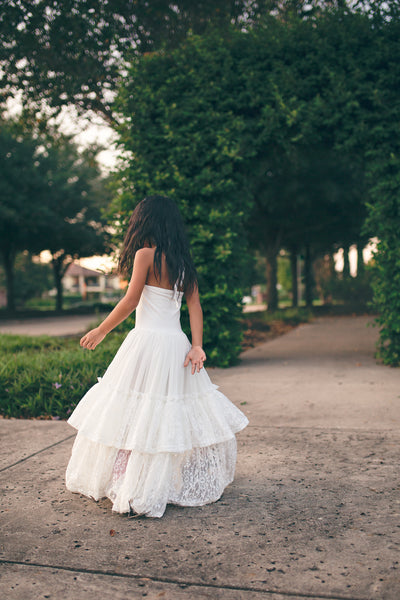 bohemian chic white lace flower girl maxi dresses
