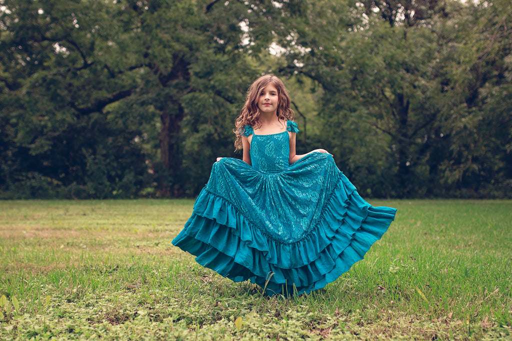 rustic boho beach junior bridesmaid peacock blue lace dress flower girl maxi dresses