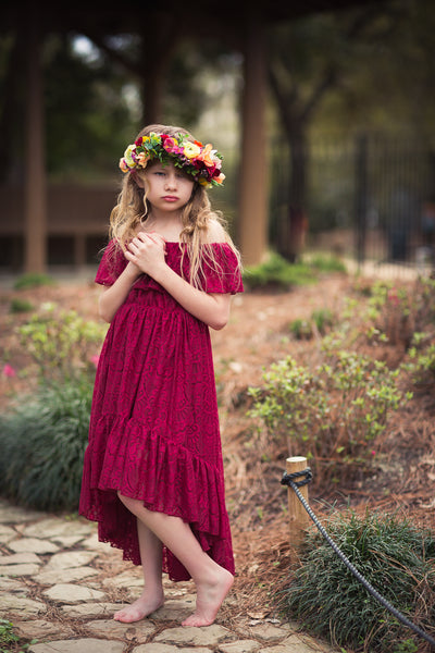 burgundy red boho lace high low flower girl dress