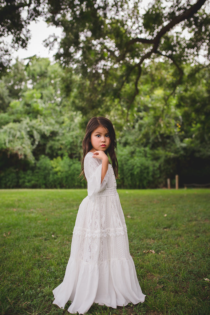 toddler girl boho lace maxi dress with ruffle bell sleeves