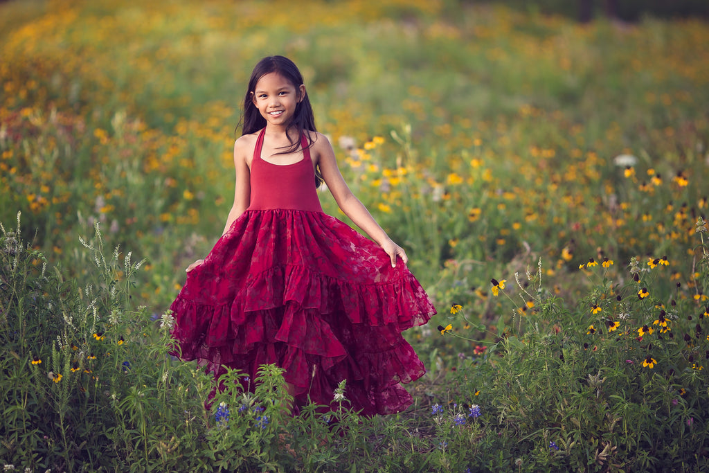 boho flower girl high low maxi dress burgundy red junior bridesmaid dress