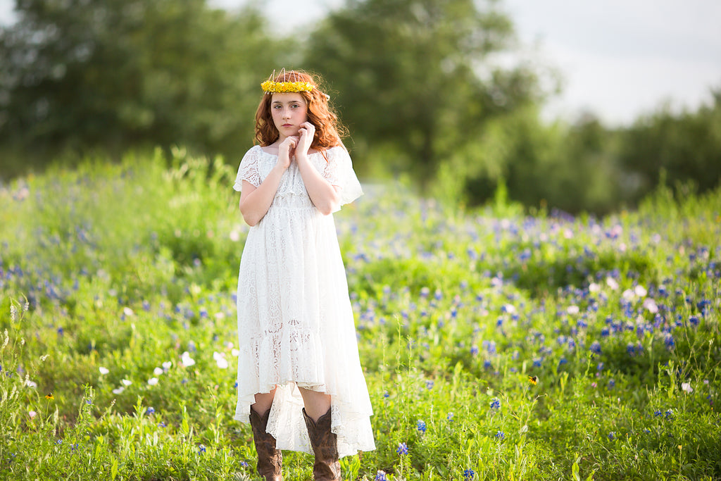 Texas bluebonnets photoshoot ideas boho high low lace dresses