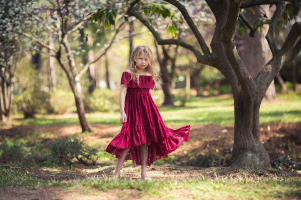 bohemian lace burgundy high low flower girl dress