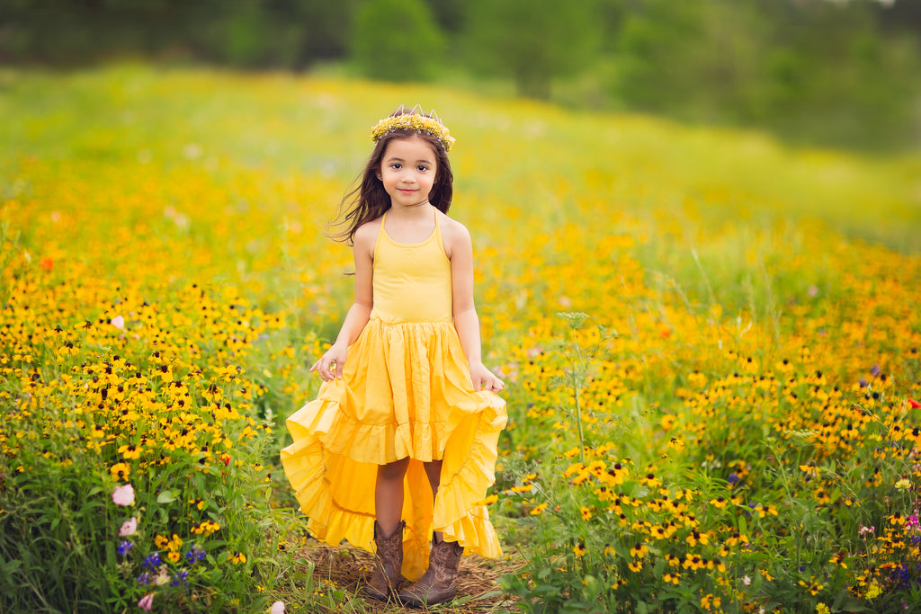 rustic boho yellow linen high low flower girl maxi dresses 