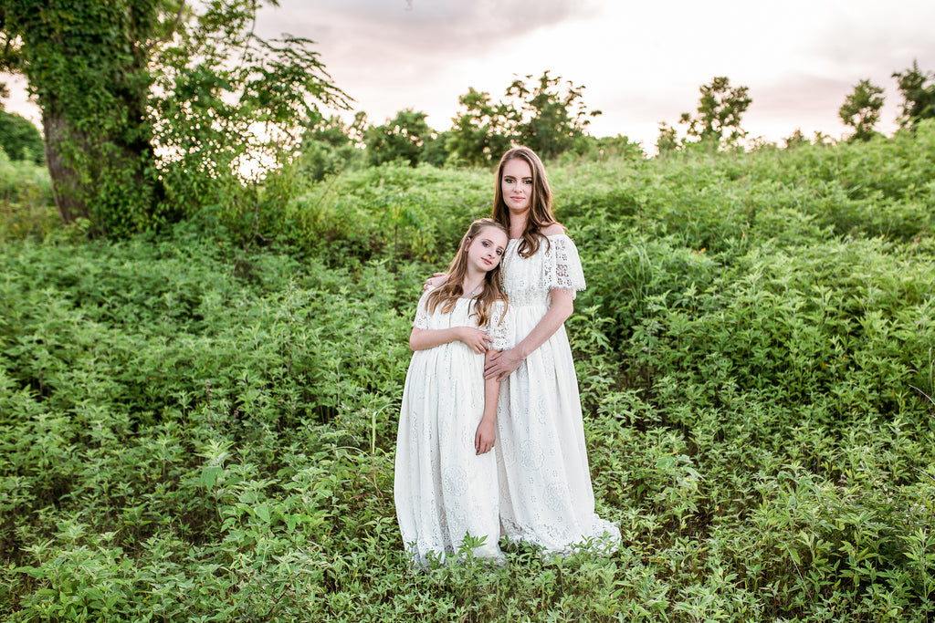 boho mommy and me lace maxi dresses photoshoot