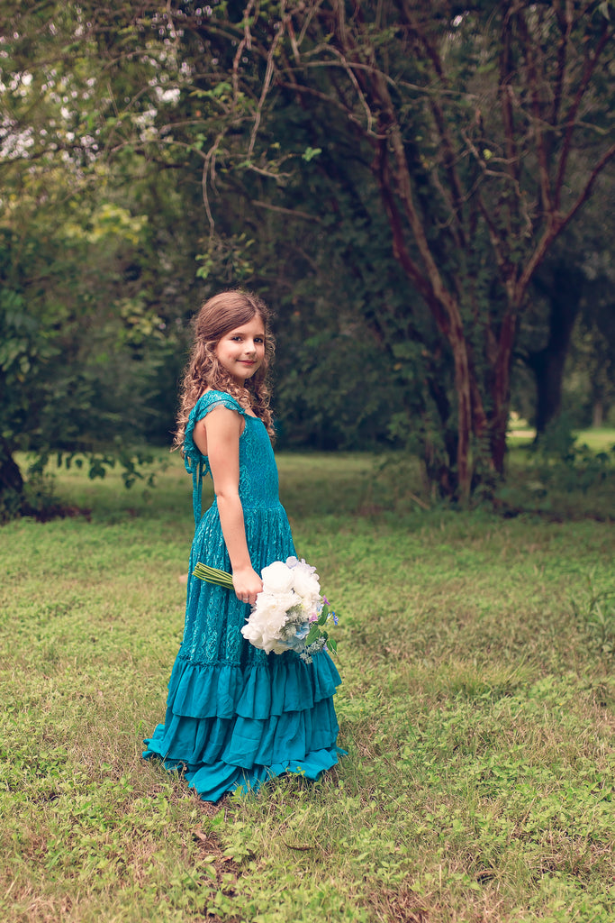 boho rustic peacock blue flower girl maxi dresses beach tween junior bridesmaid dress