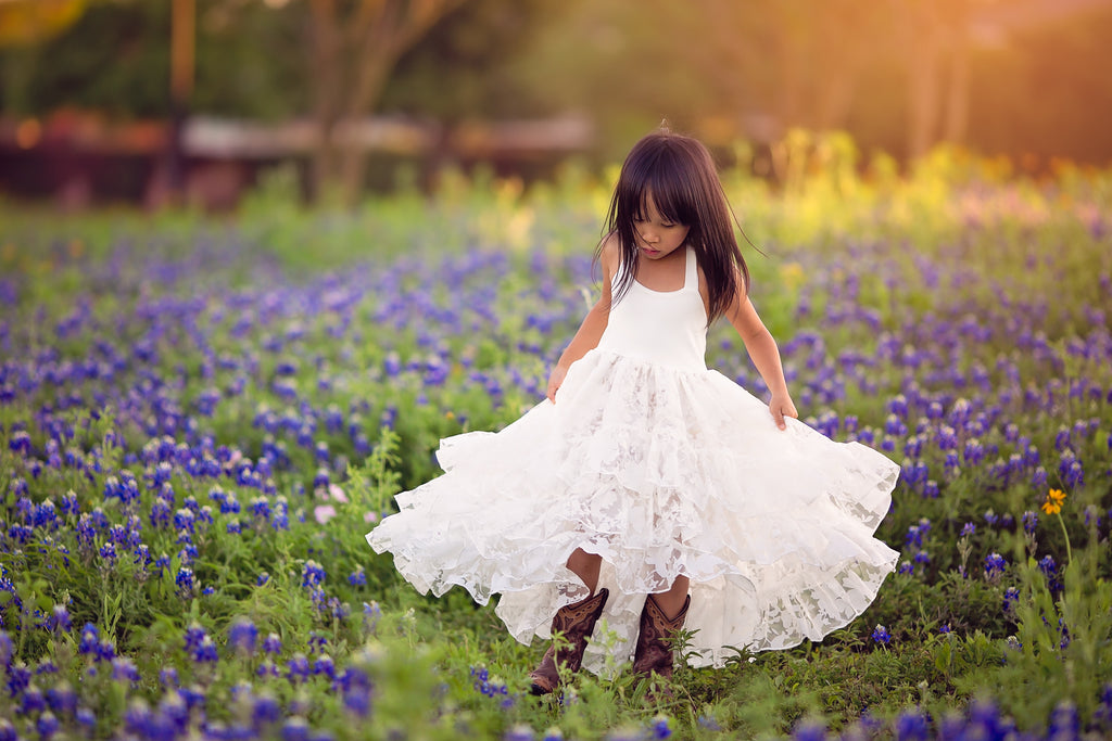 boho high low flower girl dress Texas bluebonnet kids photoshoot inspiration
