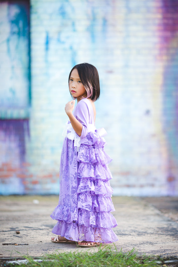 rustic lavender tween junior bridesmaid long ruffle dress purple flower girl princess dress