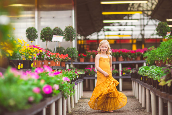 mustard yellow boho lace maxi dress greenhouse photoshoot