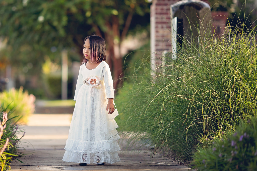 rustic junior bridesmaid white ruffle dress floor length flower girl princess toddler dress