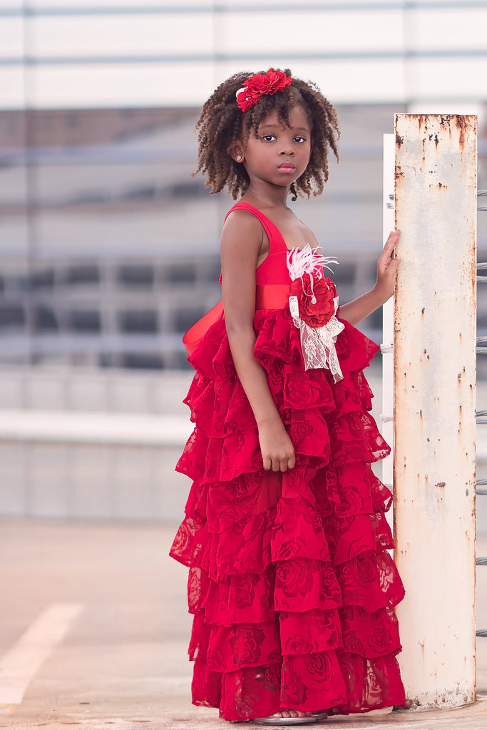 rustic vintage red flower girl ruffle dresses holiday Christmas dress