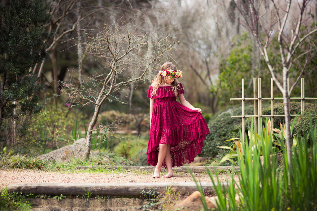 tween bohemian burgundy lace high low off shoulder dress
