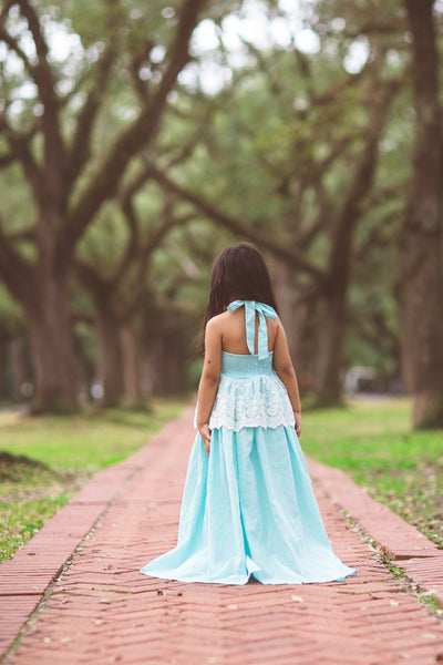 aqua baby blue boho flower girl linen lace maxi dress