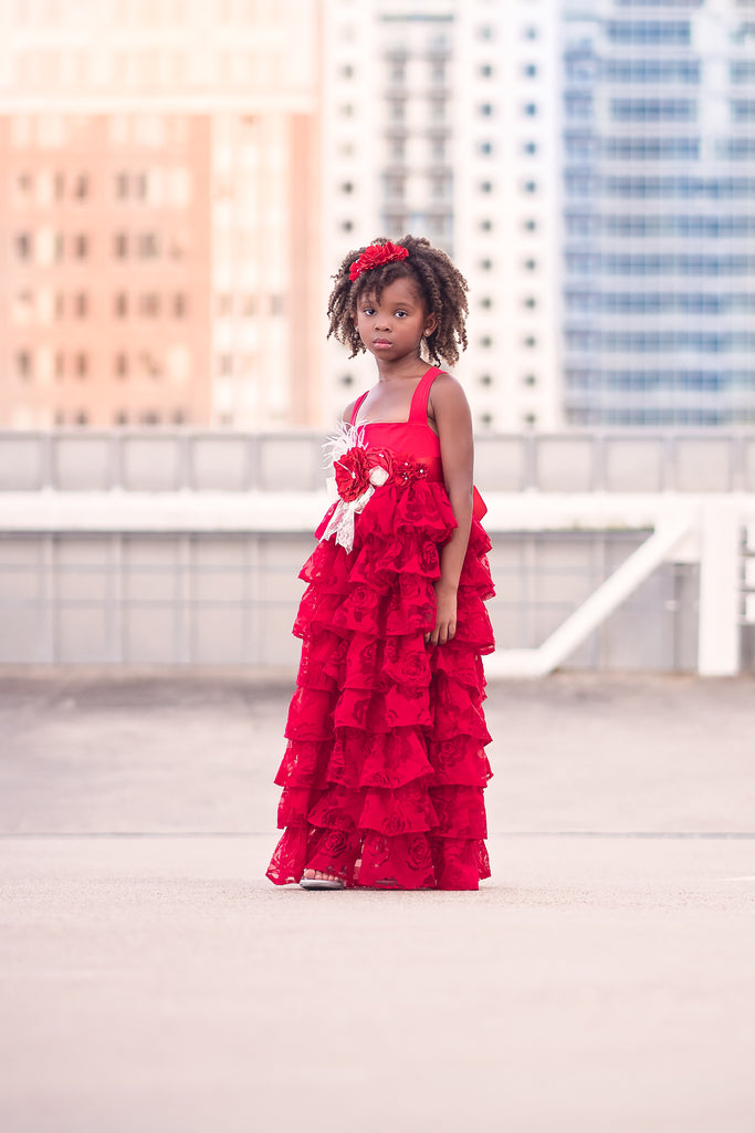 vintage rustic red flower girl ruffle dresses Christmas holiday dress