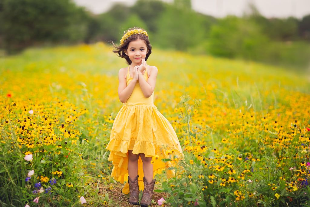 yellow boho rustic high low flower girl dress wildflower photoshoot