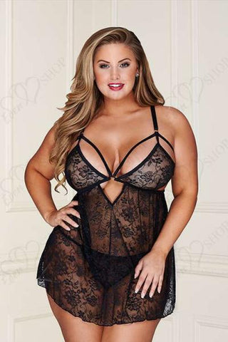 baci- 2Piece Lace Babydoll Set with G-String Black. Queen Size