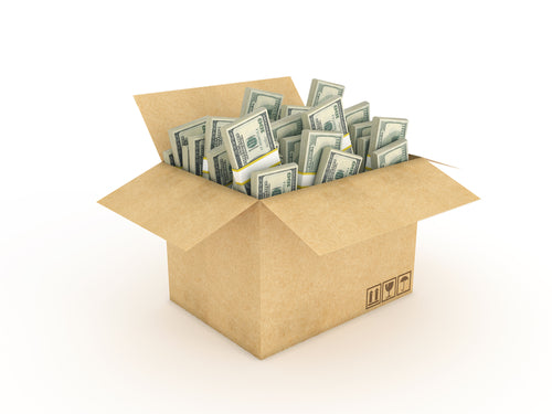 cardboard box containing money straps