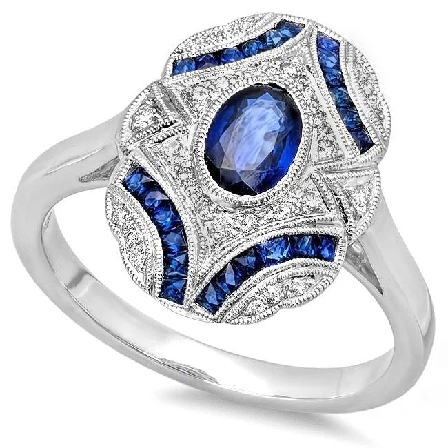 Blue Sapphire & Diamond Art Deco Ring - Markbridge Jewellers