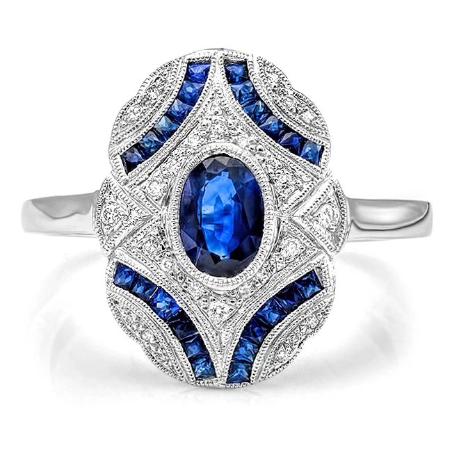Blue Sapphire & Diamond Art Deco Ring - Markbridge Jewellers