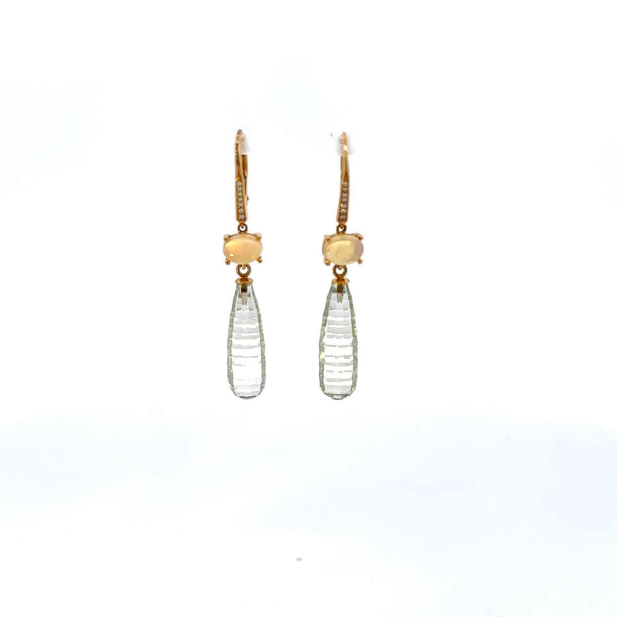 Longline Green Amethyst and White Opal and diamond earrings - Markbridge Jewellers