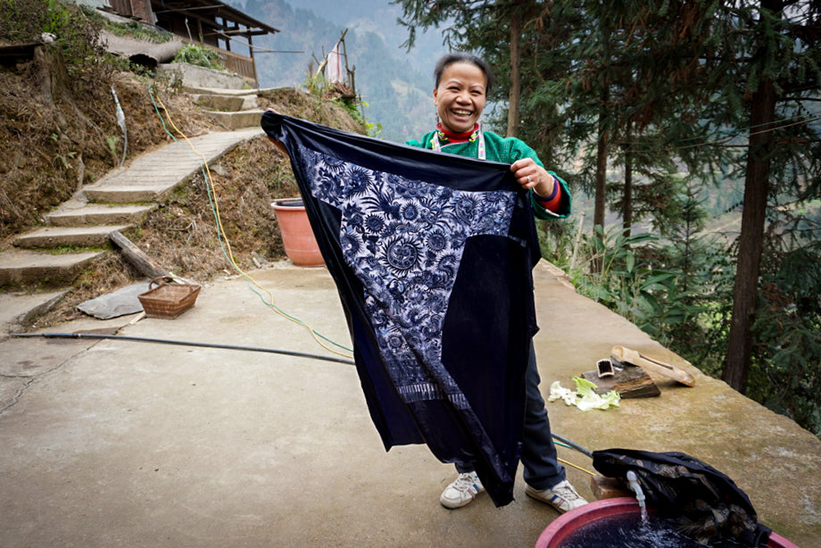 Miao batik outfit Guizhou China woman artisan