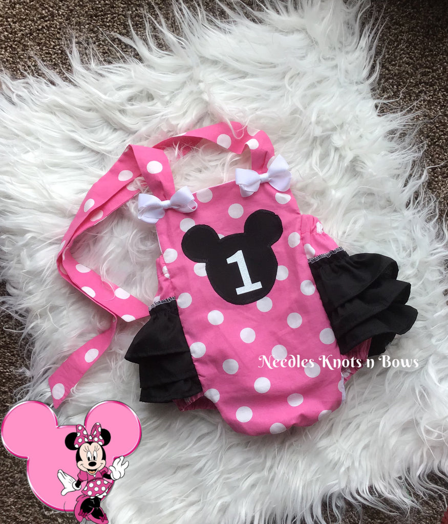 telex krekel lichtgewicht Girls Pink Minnie Mouse Romper, 1st Birthday Outfit – Needles Knots n Bows