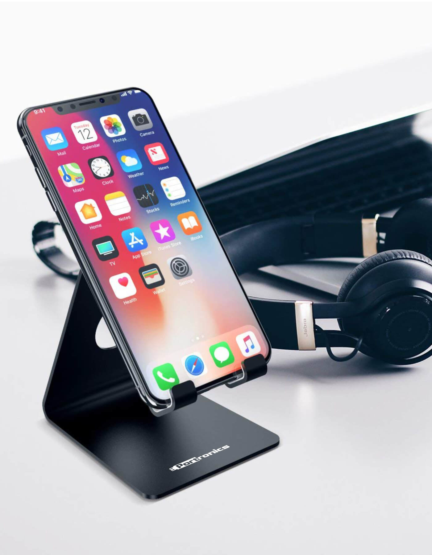 phone set on Portronics Modesk Phone | Mobile Stand and headphone stand