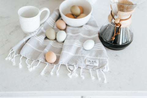 Turkish hand towel styled with coffee and eggs on kitchen counter
