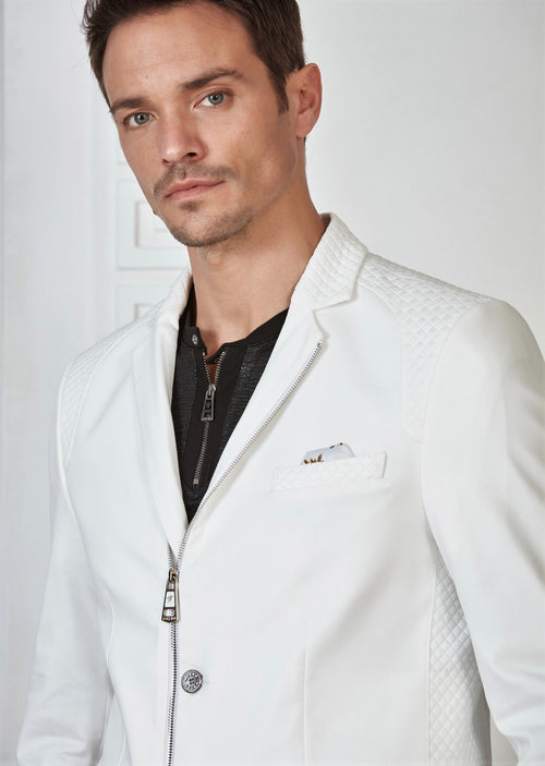 White Quilted Zipper Blazer