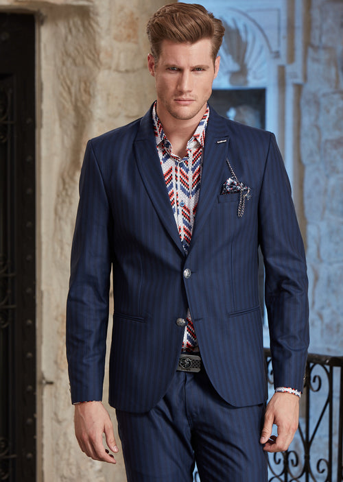 Blue Slim-Fit Tonal Stripe 2-Pieces Suit