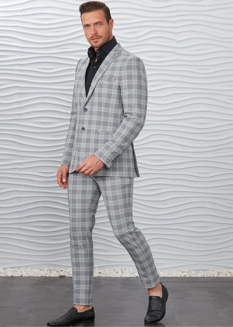 Gray Lime Plaid Casual 2-Pieces Suit