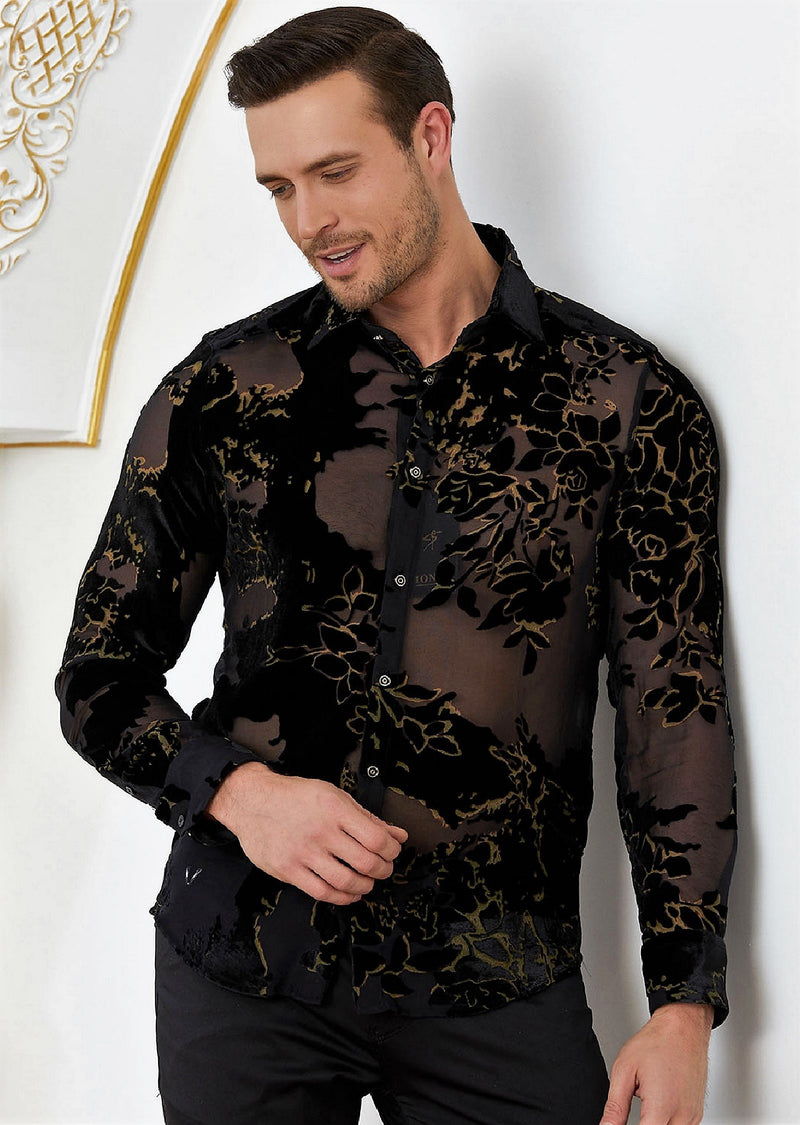 Black Gold Leaf Velvet Shirt