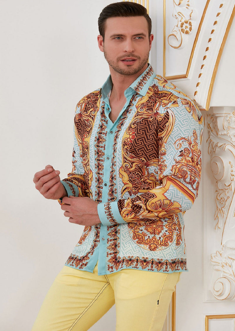 Turquoise Brown Meander Silky Shirt