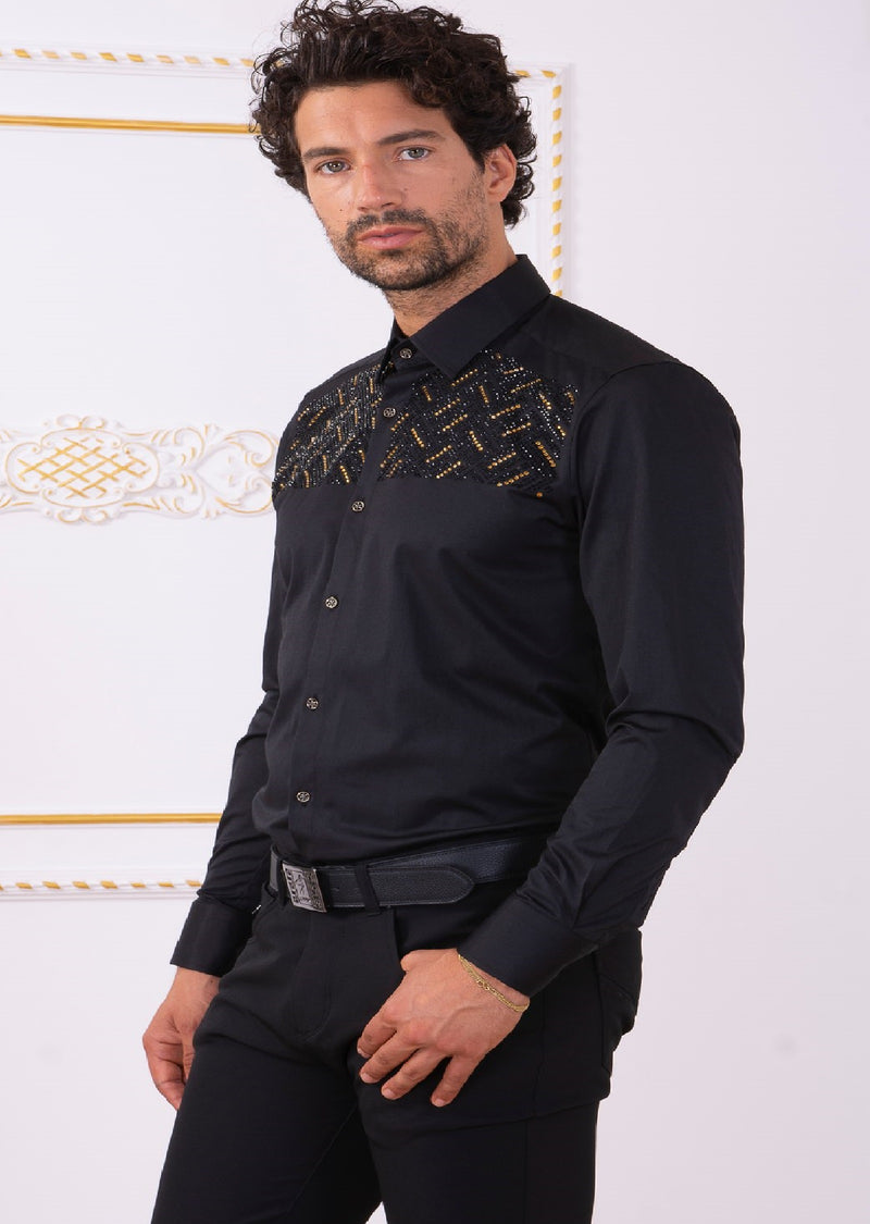 Black Gold "Upper Panel" Rhinestone Shirt