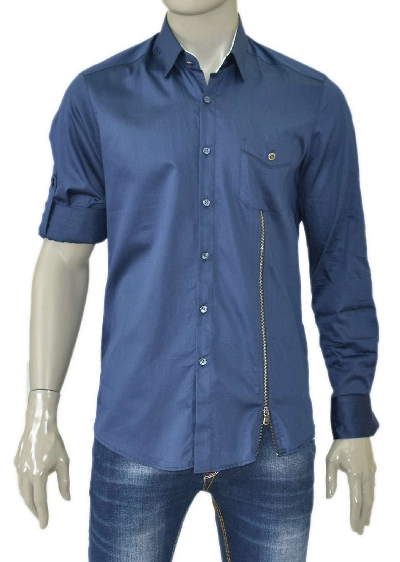 Navy Side Zipper Long Sleeve Shirt