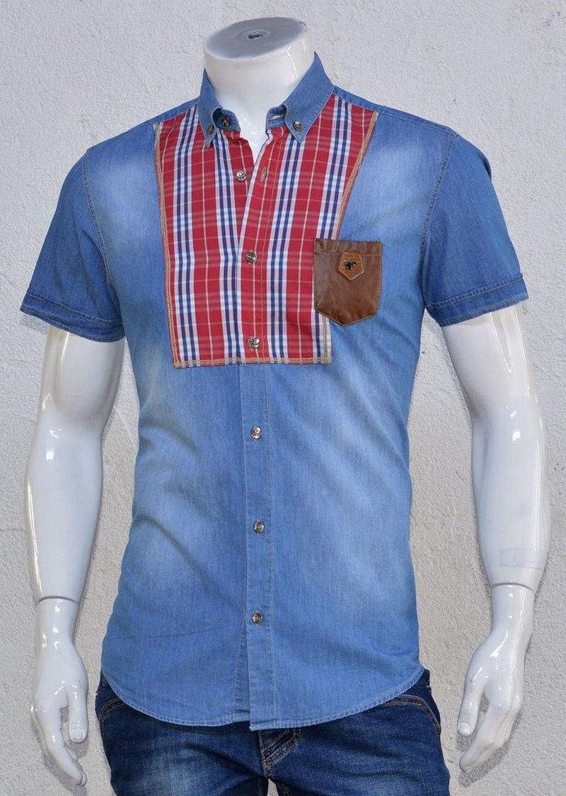 Blue Red Denim Short Sleeve Shirt