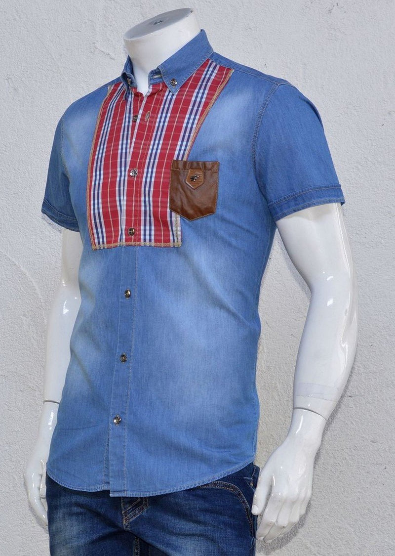 Blue Red Denim Short Sleeve Shirt