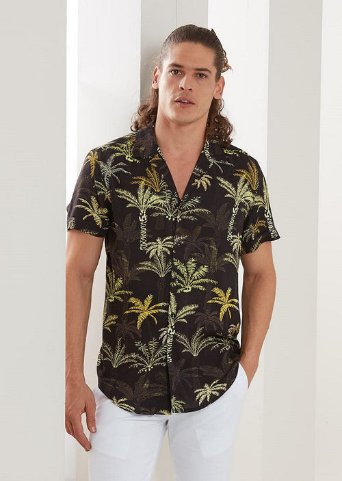 Black Palm Tree Print Short Sleeve Shirt