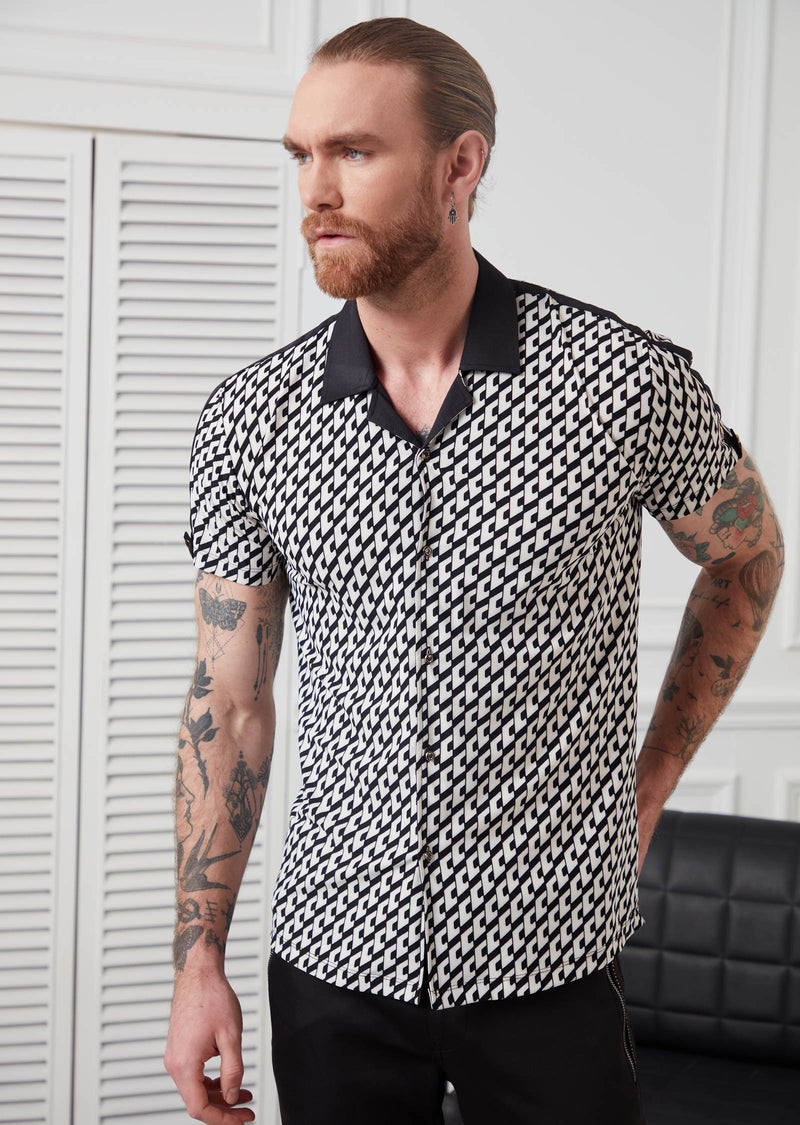 White Black Cuban Collar Shirt