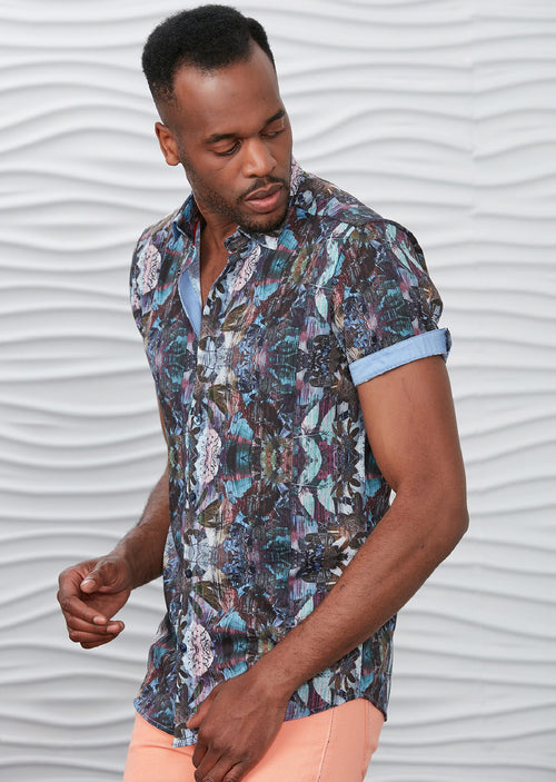 Blue Floral Print Short Sleeve Shirt