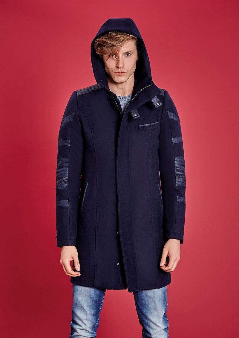 Navy Wool-Cotton Hooded Coat