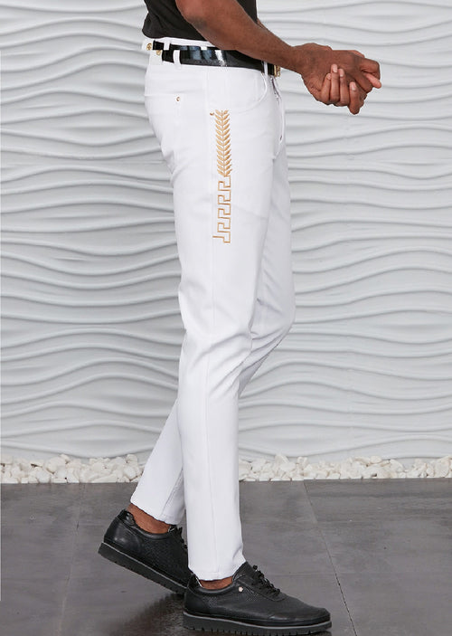 White Gold Meander Embroidered Pants