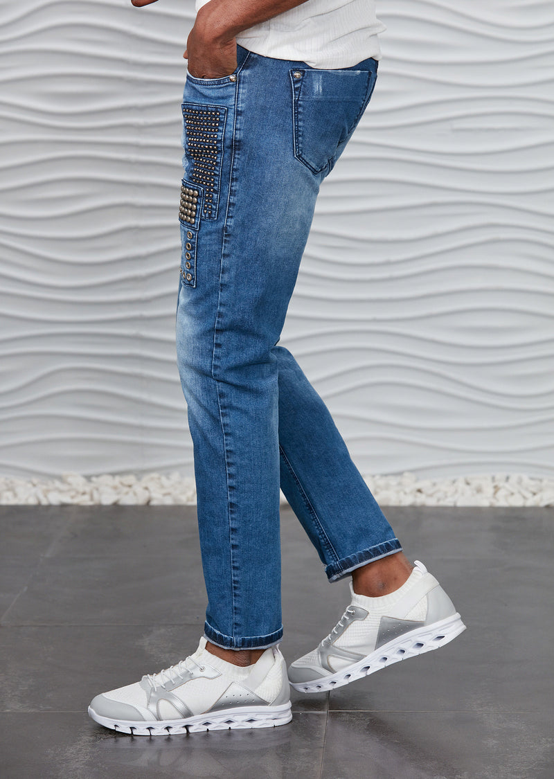 Blue Washed Studded Luxe Jeans