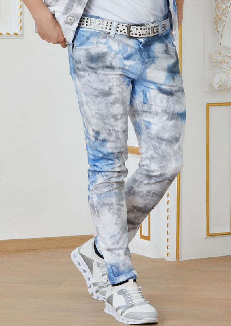 White Blue Cloud Tie-Dye Jeans