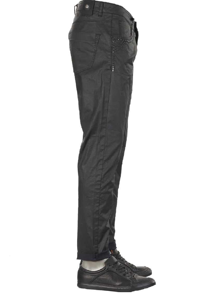 Black Pocket Studded Waxed Pants