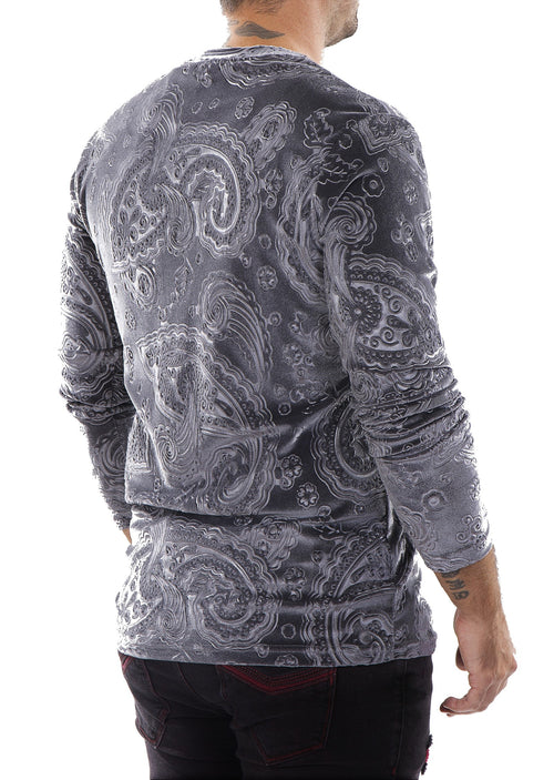 Gray Paisley Embossed Velour Sweater