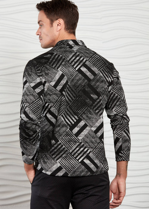 Black Brush Pattern Long Sleeve Polo