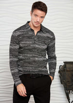 Gray Marled Knit Long Sleeve Polo