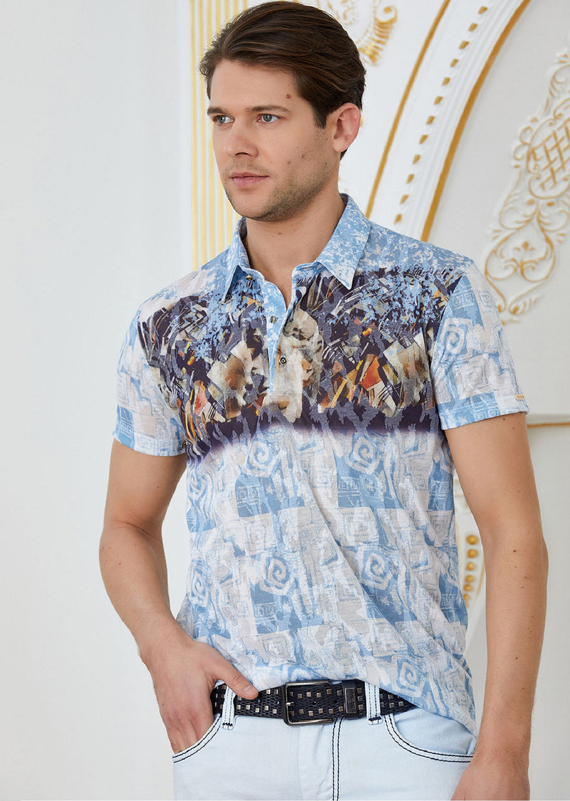 Blue "Double Face" Burn-out Print Polo